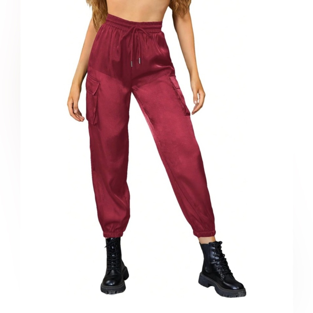 NWT No Label Size M Burgundy Sheer Mesh High Waisted Pants